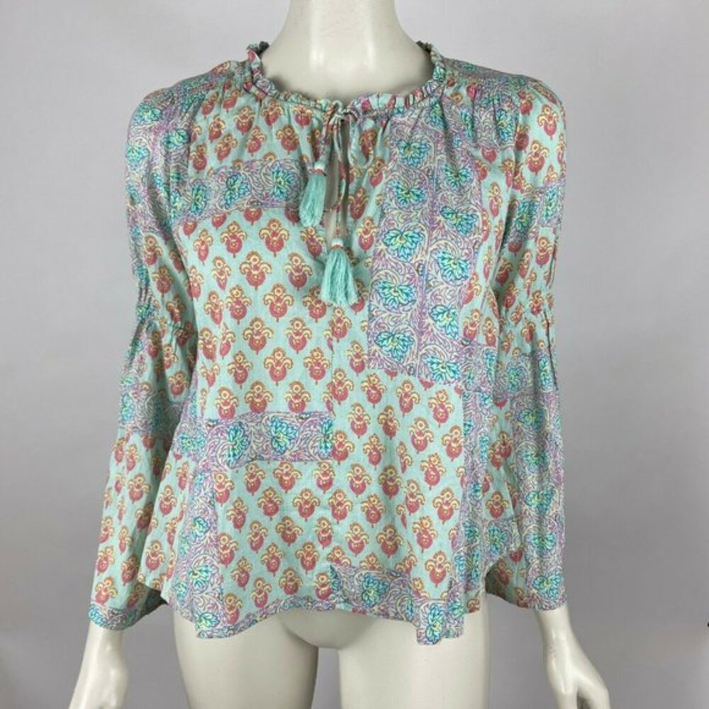 Anthropologie Lilka Paisley Blouse Top‎ Bell Long Sleeve Tassels Cotton Women XS